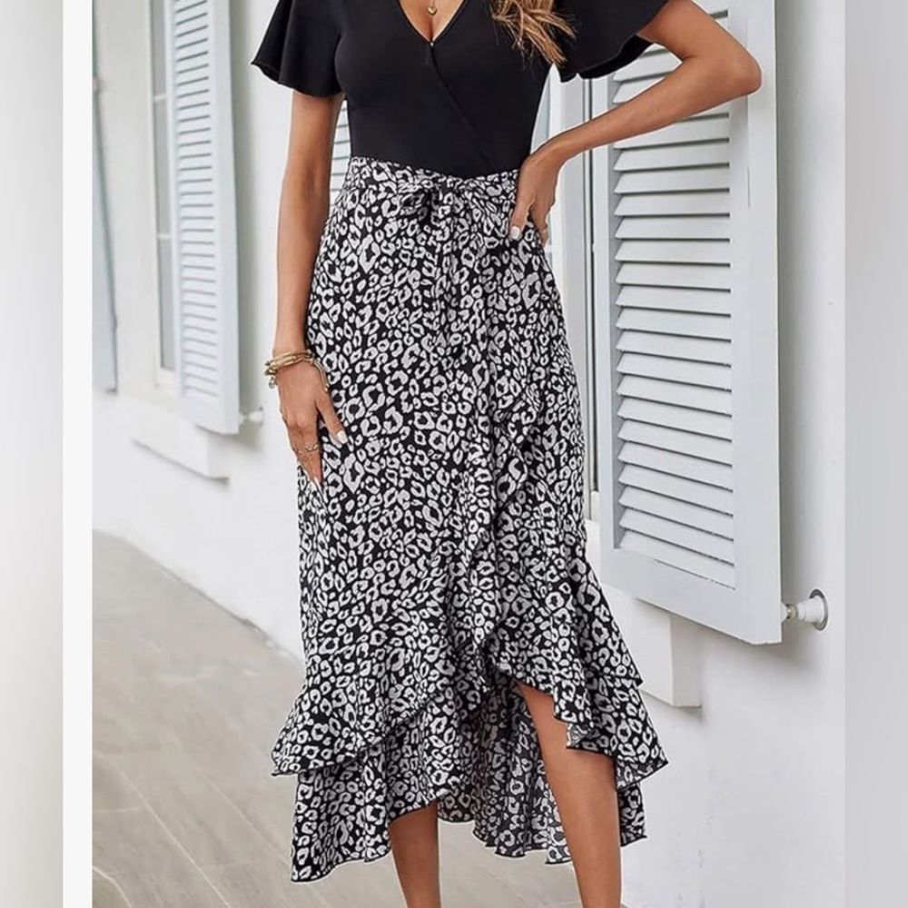 Womens Midi Dress Printed Tie Waist Wrap V Neck Ruffle Hem Short Sleeve Dress
